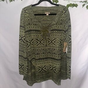 Meworld Olive Patterned Lace-Up Knit Pullover Hoodie for Women